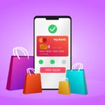 Illustration of a mobile phone screen with a credit card payment interface, surrounded by colorful shopping bags.