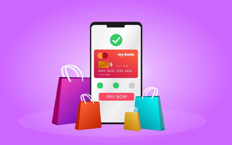 Illustration of a mobile phone screen with a credit card payment interface, surrounded by colorful shopping bags.