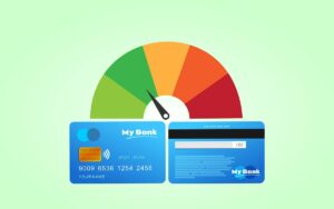 Illustration of a credit card with a credit score gauge in the background, showing various color segments from green to red.