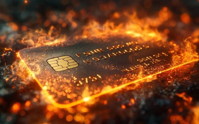 A credit card engulfed in flames, symbolizing the potential risks and costs associated with credit card misuse.