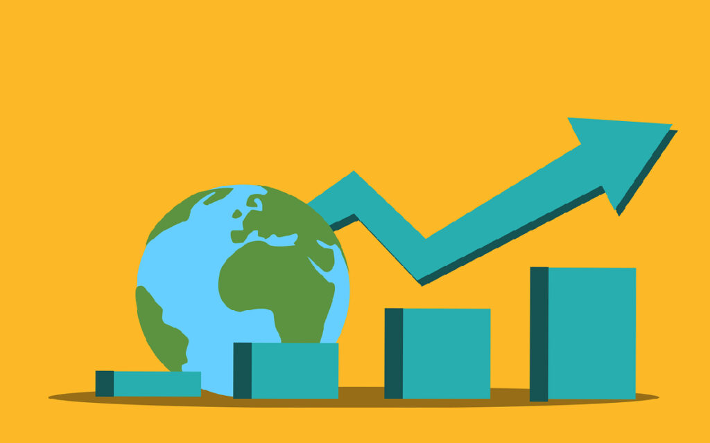 Illustration of economic growth with a globe, rising arrow, and bar graph, representing the concepts of positive and normative economics.