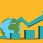 Illustration of economic growth with a globe, rising arrow, and bar graph, representing the concepts of positive and normative economics.