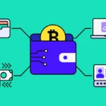 An infographic showing the types of cryptocurrency wallets—software, hardware, and paper wallets—with icons for security, user-friendliness, and supported digital currencies.